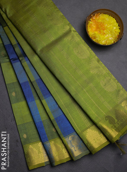 Silk cotton saree cs blue and light green with allover paalum pazhamum checks & zari buttas and zari woven border