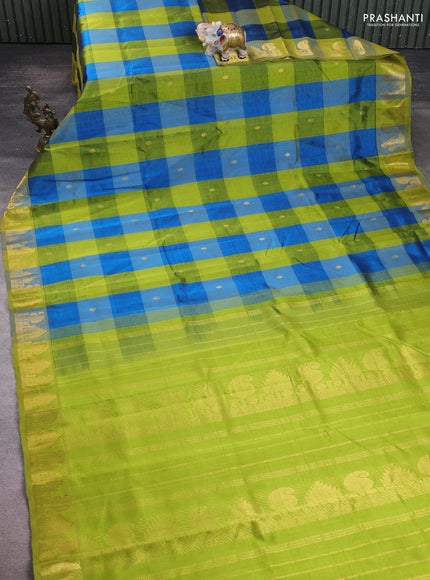 Silk cotton saree cs blue and light green with allover paalum pazhamum checks & zari buttas and zari woven border