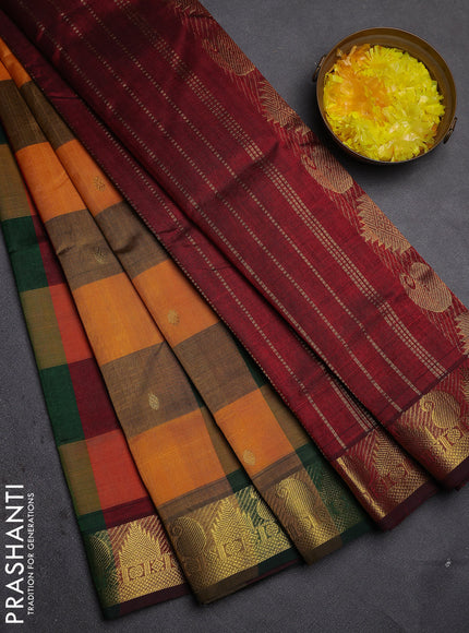 Silk cotton saree multi colour and maroon with allover paalum pazhamum checks & zari buttas and zari woven border