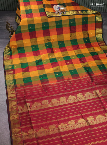 Silk cotton saree multi colour and maroon with allover paalum pazhamum checks & zari buttas and zari woven border