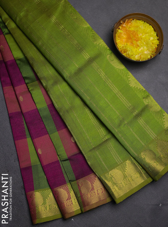 Silk cotton saree purple and light green with allover paalum pazhamum checks & zari buttas and zari woven border