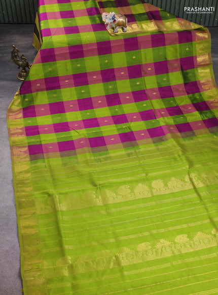 Silk cotton saree purple and light green with allover paalum pazhamum checks & zari buttas and zari woven border