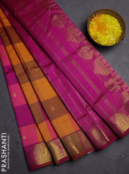 Silk cotton saree yellow and pink with allover paalum pazhamum checks & zari buttas and zari woven border