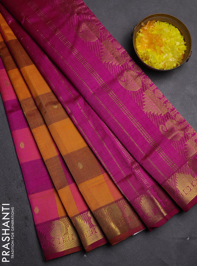 Silk cotton saree yellow and pink with allover paalum pazhamum checks & zari buttas and zari woven border