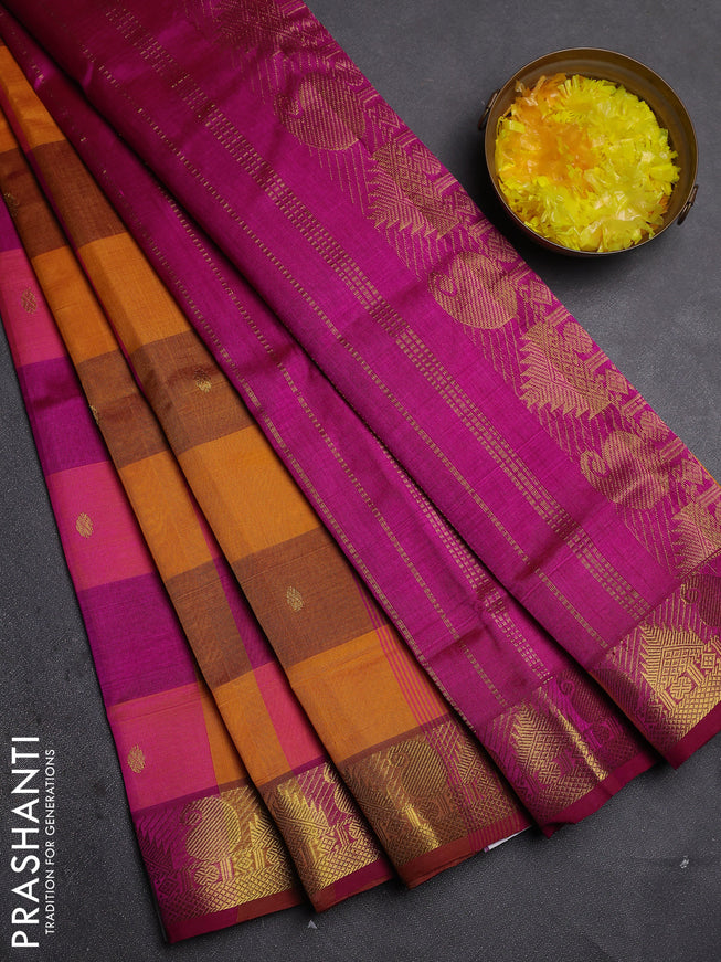 Silk cotton saree yellow and pink with allover paalum pazhamum checks & zari buttas and zari woven border