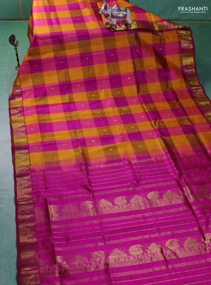 Silk cotton saree yellow and pink with allover paalum pazhamum checks & zari buttas and zari woven border
