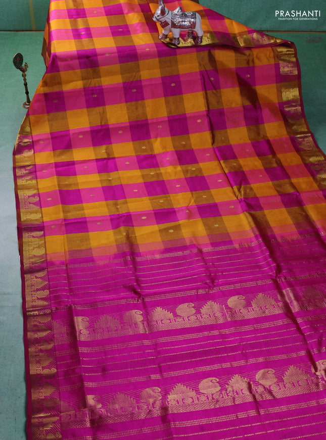 Silk cotton saree yellow and pink with allover paalum pazhamum checks & zari buttas and zari woven border