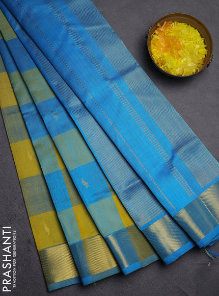 Silk cotton saree lime yellow and cs blue with allover paalum pazhamum checks & zari buttas and zari woven border