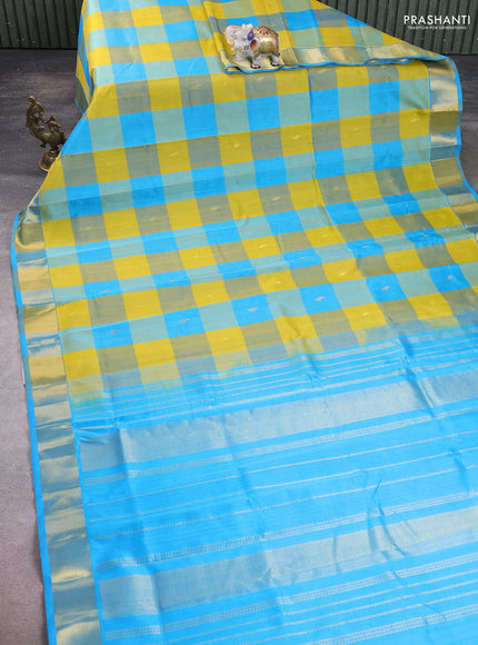 Silk cotton saree lime yellow and cs blue with allover paalum pazhamum checks & zari buttas and zari woven border