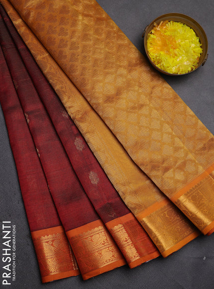 Silk Cotton saree maroon and mustard yellow with allover vairaosi pattern & zari buttas and zari woven border
