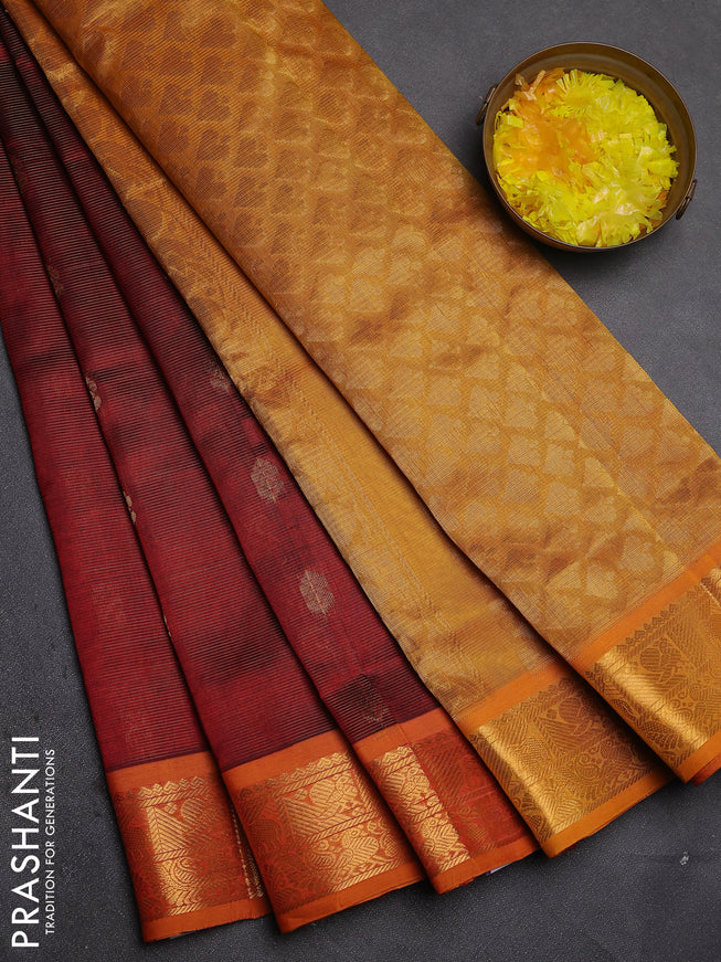 Silk Cotton saree maroon and mustard yellow with allover vairaosi pattern & zari buttas and zari woven border