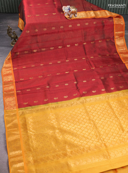 Silk Cotton saree maroon and mustard yellow with allover vairaosi pattern & zari buttas and zari woven border