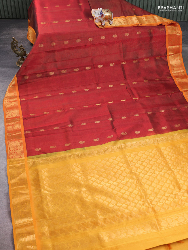 Silk Cotton saree maroon and mustard yellow with allover vairaosi pattern & zari buttas and zari woven border