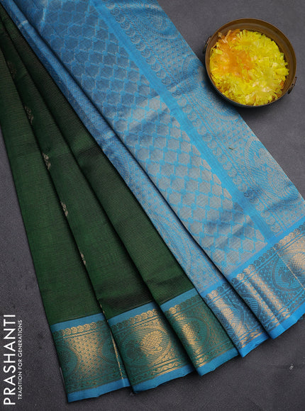 Silk Cotton saree green and cs blue with allover vairaosi pattern & zari buttas and zari woven border