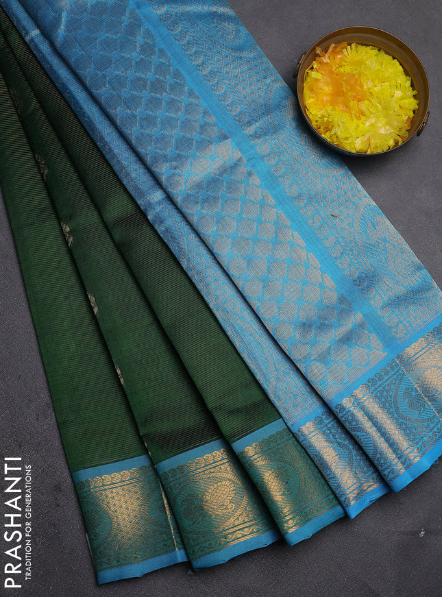 Silk Cotton saree green and cs blue with allover vairaosi pattern & zari buttas and zari woven border