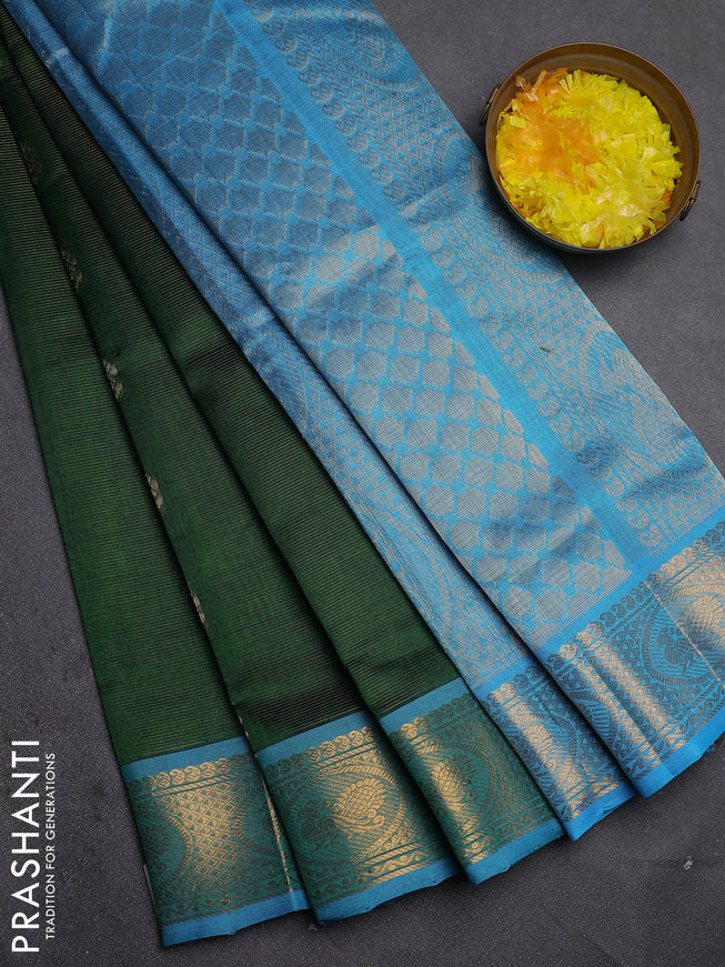 Silk Cotton saree green and cs blue with allover vairaosi pattern & zari buttas and zari woven border