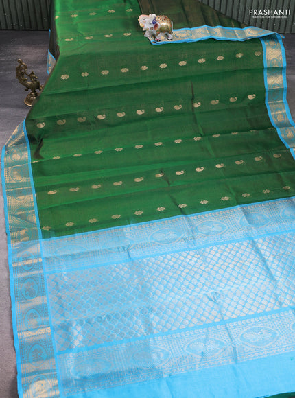 Silk Cotton saree green and cs blue with allover vairaosi pattern & zari buttas and zari woven border