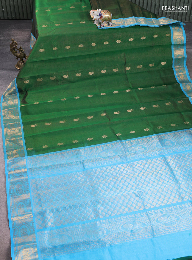 Silk Cotton saree green and cs blue with allover vairaosi pattern & zari buttas and zari woven border