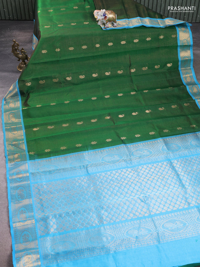 Silk Cotton saree green and cs blue with allover vairaosi pattern & zari buttas and zari woven border