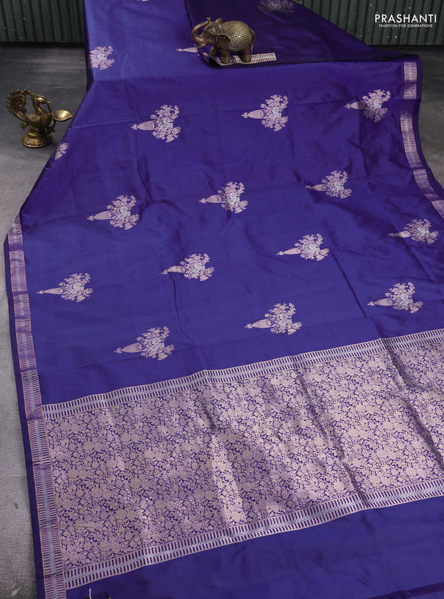 Pure banarasi silk saree blue with zari woven buttas and zari woven border