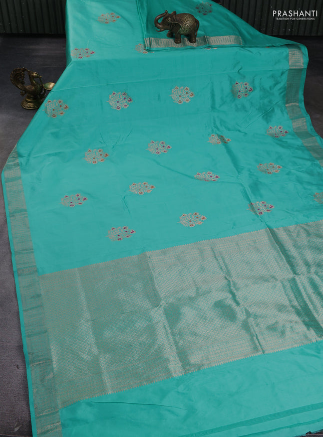 Pure banarasi silk saree teal blue with zari woven buttas and zari woven border