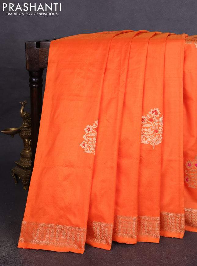Pure banarasi silk saree orange with zari woven buttas and satin border