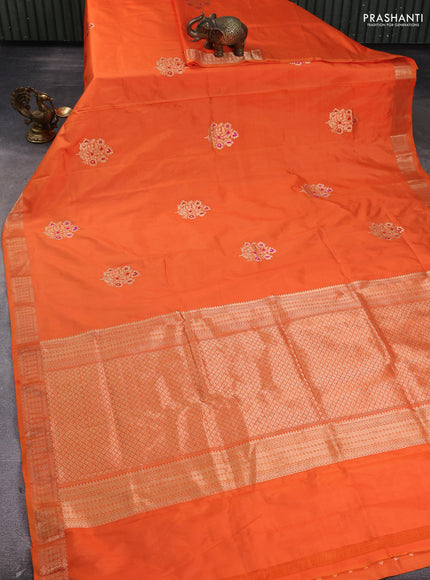 Pure banarasi silk saree orange with zari woven buttas and satin border