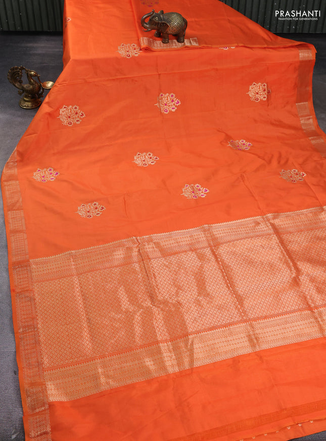 Pure banarasi silk saree orange with zari woven buttas and satin border