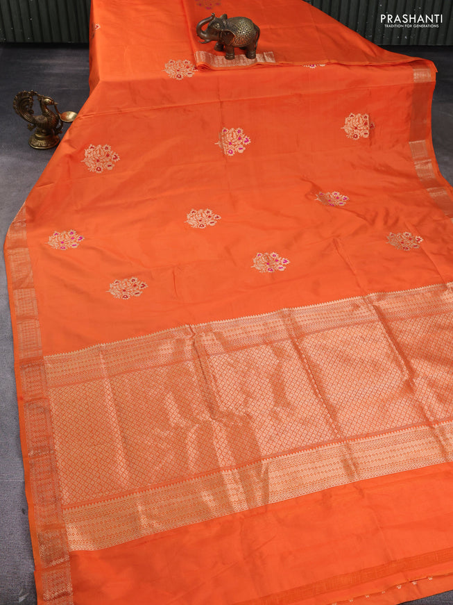 Pure banarasi silk saree orange with zari woven buttas and satin border