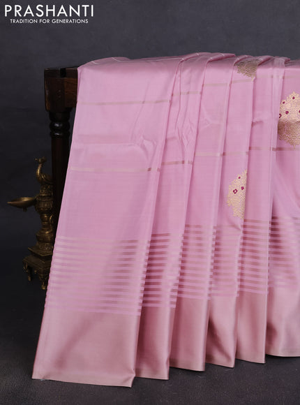 Pure banarasi silk saree peach pink with zari woven buttas and satin border