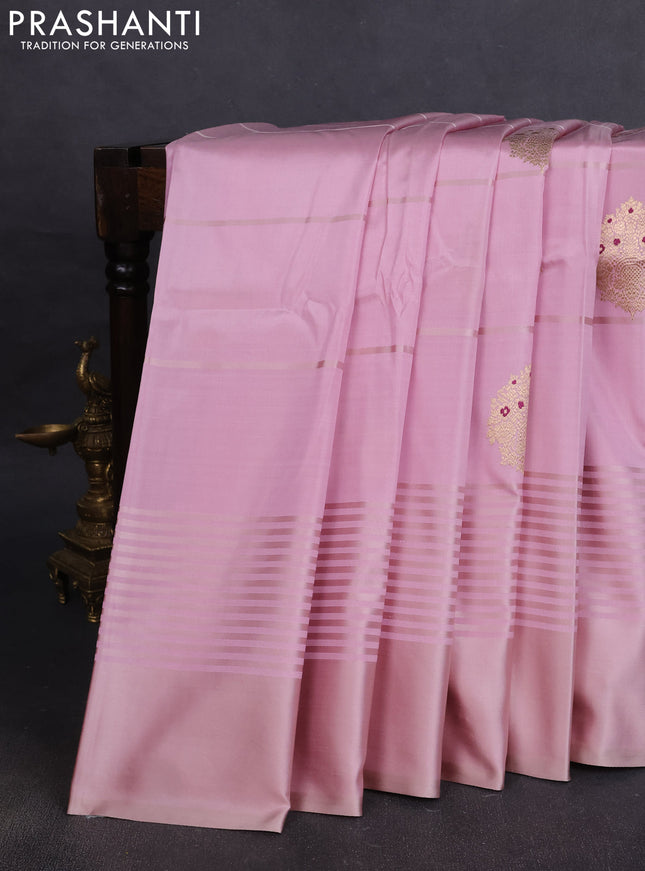 Pure banarasi silk saree peach pink with zari woven buttas and satin border