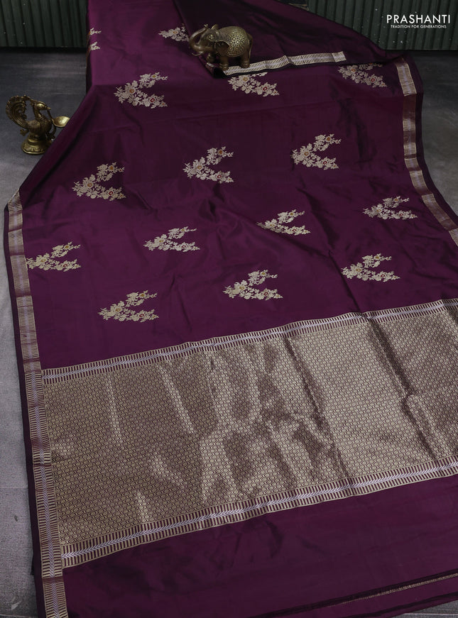Pure banarasi silk saree wine shade with zari woven buttas and zari woven border