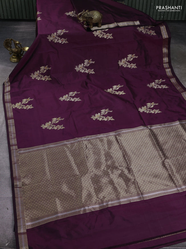 Pure banarasi silk saree wine shade with zari woven buttas and zari woven border