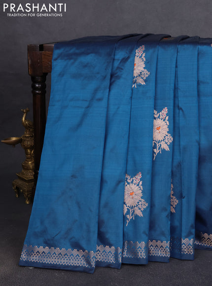 Pure banarasi silk saree cs blue with zari woven buttas and zari woven border
