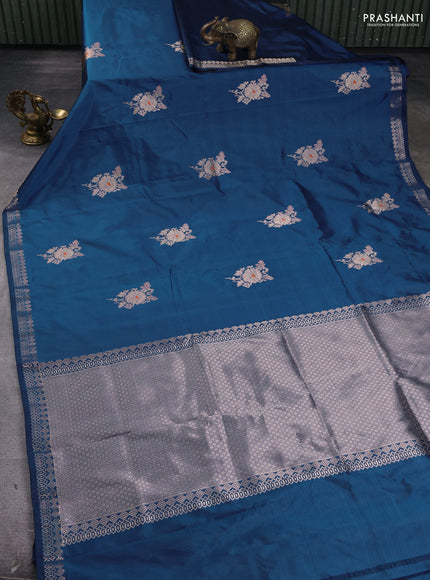 Pure banarasi silk saree cs blue with zari woven buttas and zari woven border