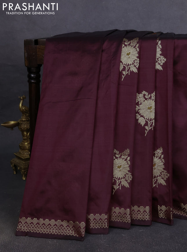 Pure banarasi silk saree deep wine with zari woven buttas and zari woven border