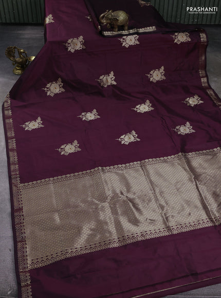 Pure banarasi silk saree deep wine with zari woven buttas and zari woven border