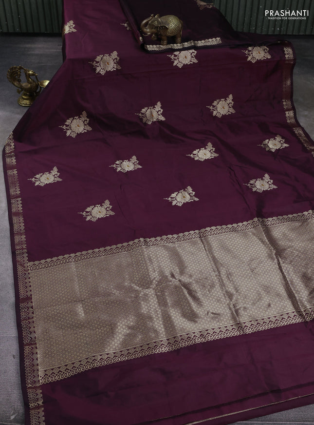 Pure banarasi silk saree deep wine with zari woven buttas and zari woven border