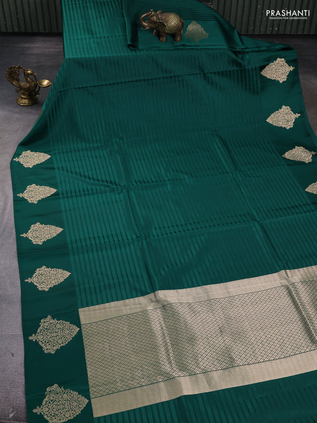 Pure banarasi silk saree green with stripes pattern and zari woven butta border