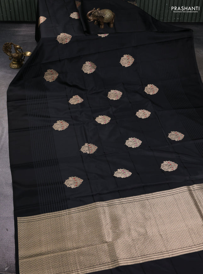 Pure banarasi silk saree black with zari woven buttas and satin border