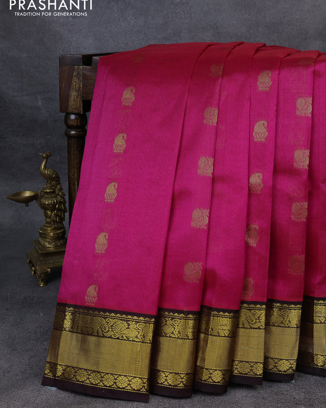 Kuppadam silk cotton saree pink and deep coffee brown with annam zari woven buttas and zari woven border