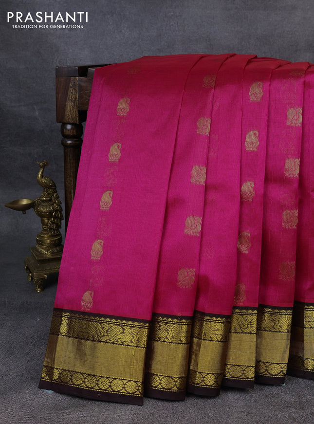 Kuppadam silk cotton saree pink and deep coffee brown with annam zari woven buttas and zari woven border