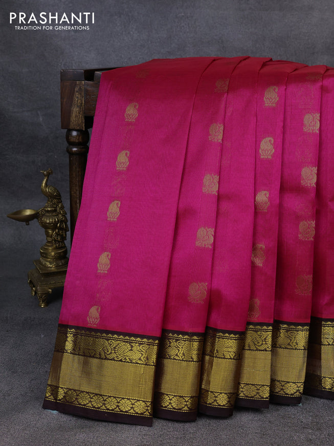 Kuppadam silk cotton saree pink and deep coffee brown with annam zari woven buttas and zari woven border