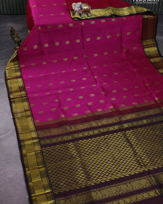 Kuppadam silk cotton saree pink and deep coffee brown with annam zari woven buttas and zari woven border