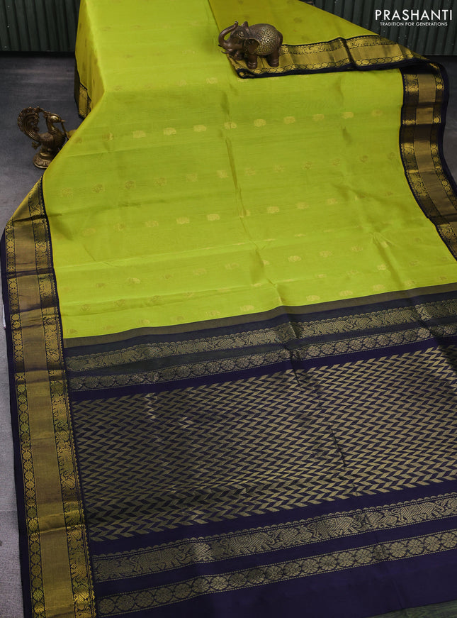 Kuppadam silk cotton saree lime green and navy blue with annam zari woven buttas and zari woven border