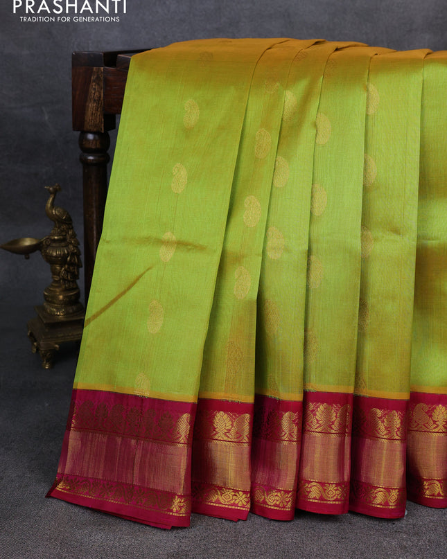 Kuppadam silk cotton saree lime green and pink with paisley zari woven buttas and zari woven border