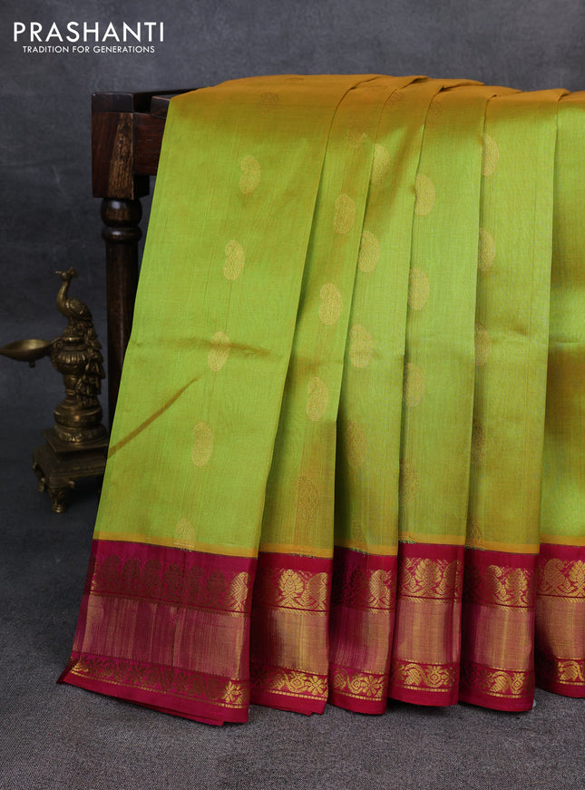 Kuppadam silk cotton saree lime green and pink with paisley zari woven buttas and zari woven border
