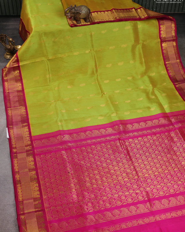 Kuppadam silk cotton saree lime green and pink with paisley zari woven buttas and zari woven border