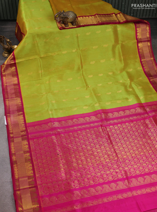 Kuppadam silk cotton saree lime green and pink with paisley zari woven buttas and zari woven border