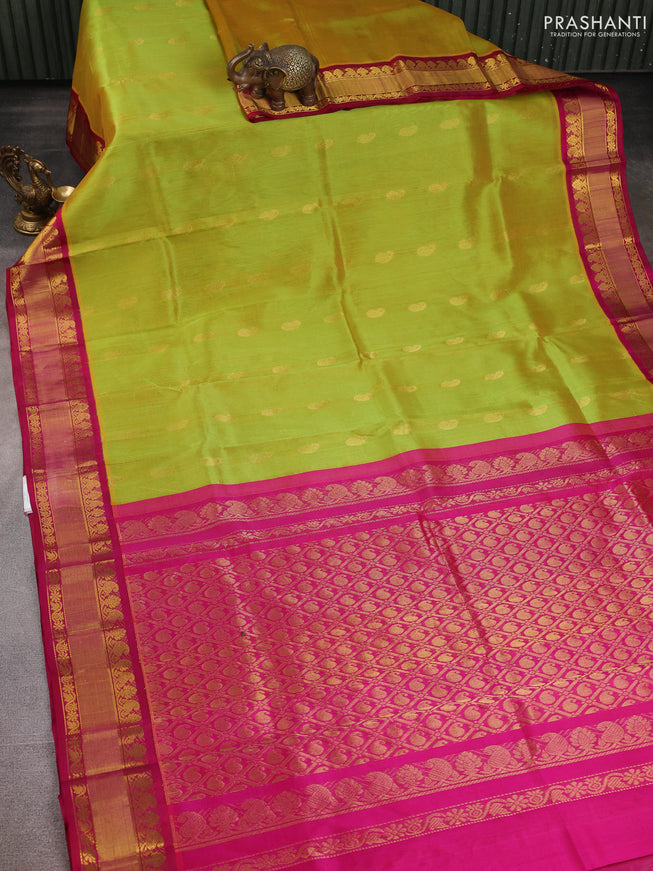 Kuppadam silk cotton saree lime green and pink with paisley zari woven buttas and zari woven border
